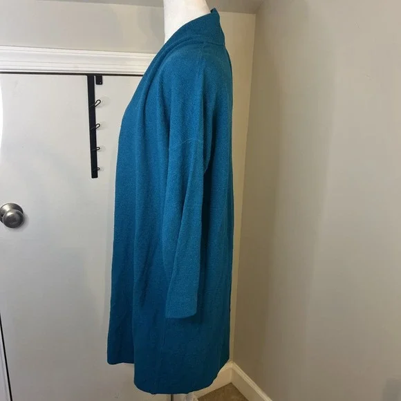 Eileen Fisher Teal Blue Linen Blend Open Front Longline Cardigan Sweater Medium - Picture 4 of 8